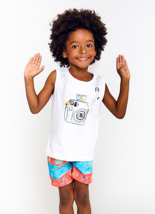 Conjunto Infantil Menino Regata + Short  Estampa Animal – Tam. 2 a 12 anos – Branco, Azul e Laranja