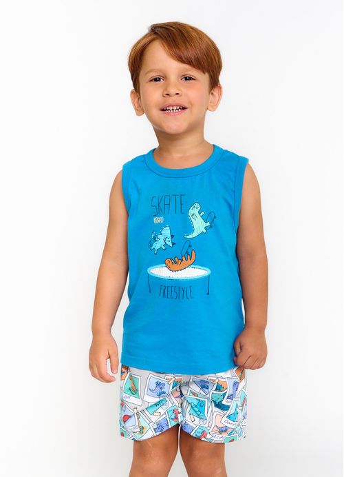 Conjunto Infantil Menino Regata + Short Estampa Dino Travel – Tam. 2 a 12 anos – Branco, Azul e Laranja