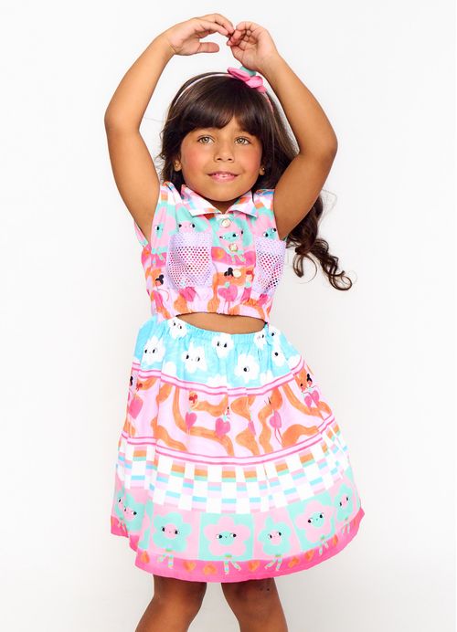 Vestido Infantil Estampa Pop Listras Divertidas – Tam. 2 a 12 anos – Rosa e Esmeralda