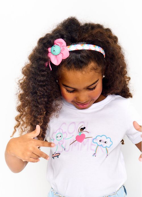 Arco para Cabelo Infantil Estampa Pop Listras Divertidas – Tam.U– Branco e Rosa