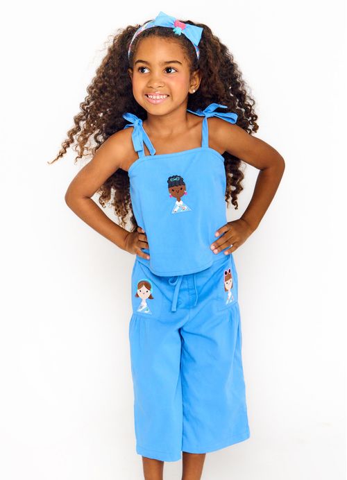 Conjunto Infantil Menina Bata + Pantacourt Estampa Eu Amo Frutinhas – Tam. 2 a 12 anos – Azul