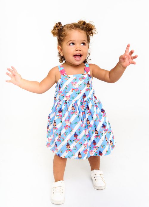 Vestido Infantil Estampa Eu Amo Frutinhas – Tam. 3 a 18 meses – Branco e Azul