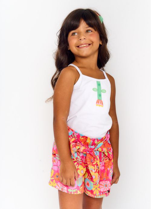 Conjunto Infantil Menina Regata + Short Estampa Mini mundo florido – Tam. 2 a 12 anos – Branco e Cereja