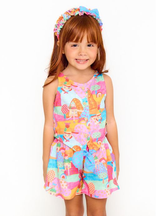 Conjunto Infantil Menina Regata + Short Estampa Vizinhança Divertida- Tam. 2 a 12 anos - Azul e Rosa