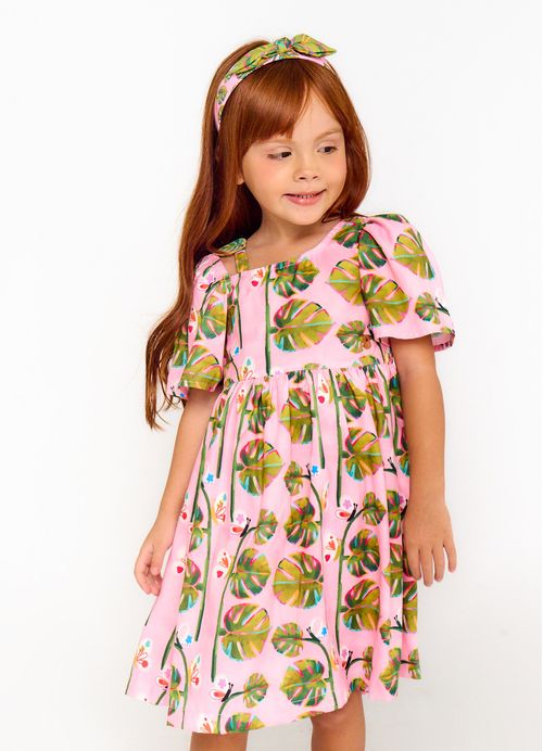 Vestido Infantil Estampa Folhinhas – Tam. 2 a 12 anos – Rosa