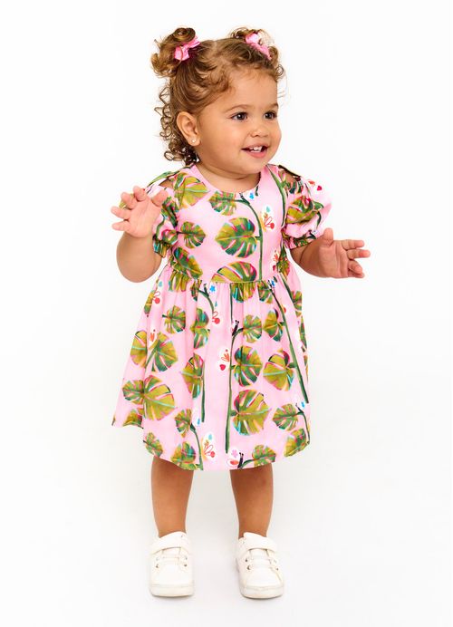 Conjunto Infantil Vestido e Calcinha  Infantil Bebê Estampa Folhinhas – Tam. 2 a 12 anos – Rosa