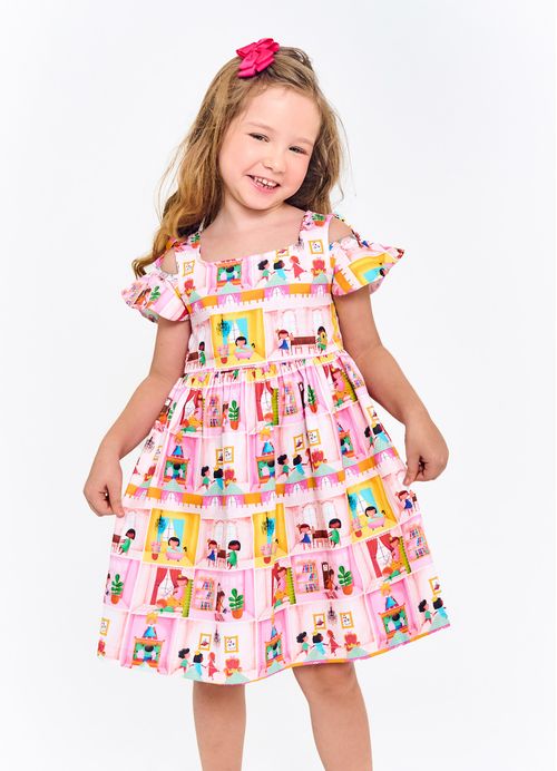 Vestido Infantil Estampa Castelo da Boneca - Tam. 2 a 12 anos - Rosa