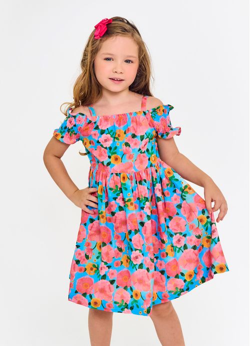 Vestido Infantil Estampa Florzinha Florzona - Tam. 2 a 12 anos - Azul