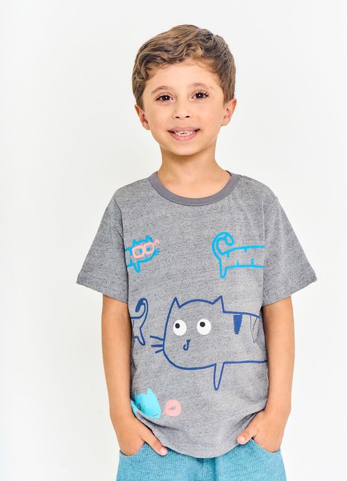 Camiseta Infantil Menino Estampa Peixinhos - Tam. 2 a 12 anos - Cinza