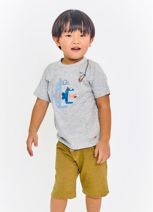 Camiseta Infantil Menino Estampa Peixinhos - Tam. 2 a 12 anos - Cinza