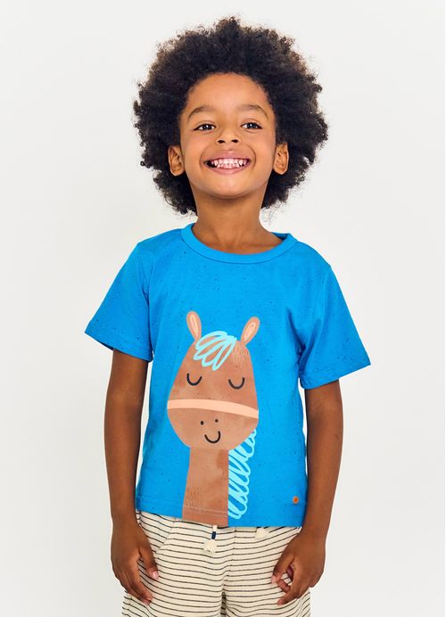 Camiseta Infantil Menino Estampa Cavalinho - Tam. 2 a 12 anos - Azul Forte