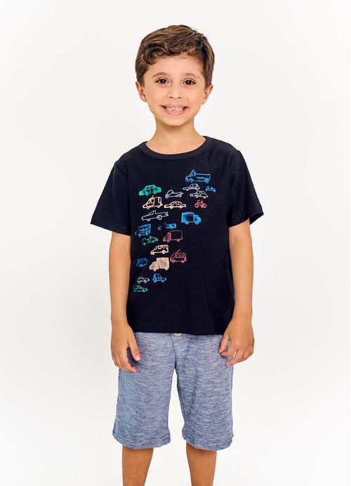 Camiseta Infantil Menino Estampa Carros  - Tam. 2 a 12 anos - Preto