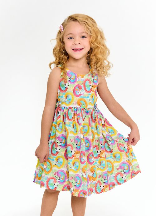 Vestido Infantil Estampa Cabeleira Color - Tam. 2 a 12 anos - Azul e Amarelo