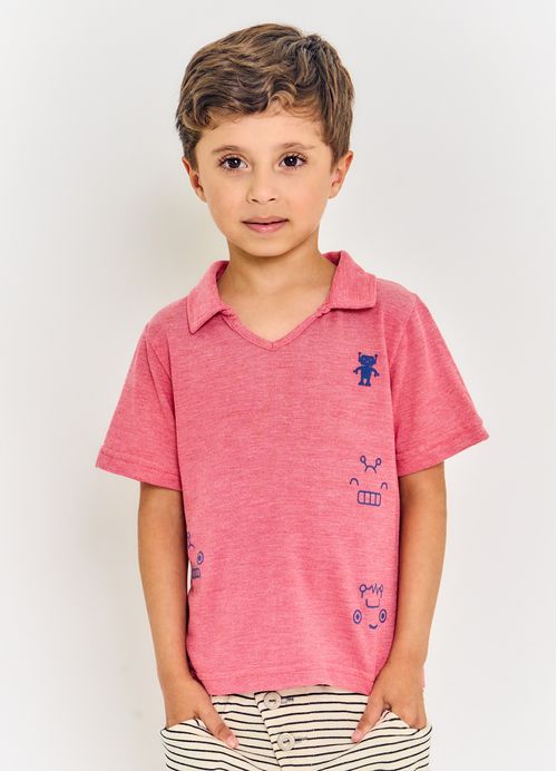 Camiseta Infantil Menino Estampa Robôs- Tam. 2 a 12 anos - Vermelho e Serrado