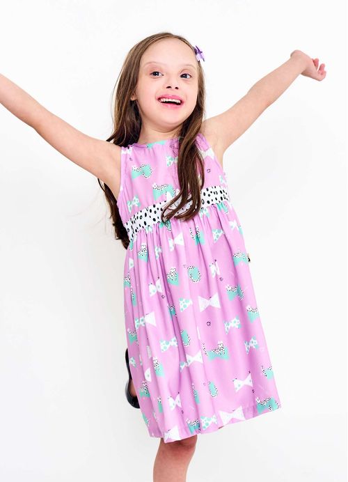 Vestido Infantil Estampa Gatinhos Fashionistas- Tam. 2 a 12 anos - Lilás