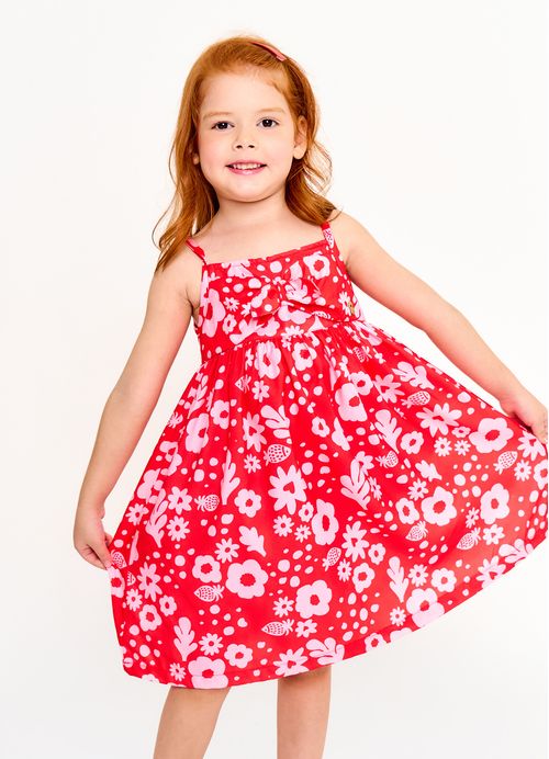 Vestido Infantil Estampa Flores - Tam. 2 a 12 anos -Vermelho e Rosa