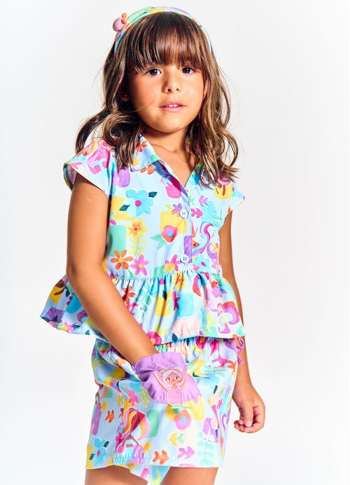 Short Saia Infantil Estampa Mar de Flores – Tam. 2 a 12 anos – Azul