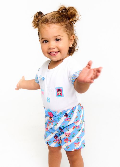 Short Infantil Bebê Menina Estampa Eu Amo Frutinhas – Tam. 3 a 18 meses – Branco e Azul