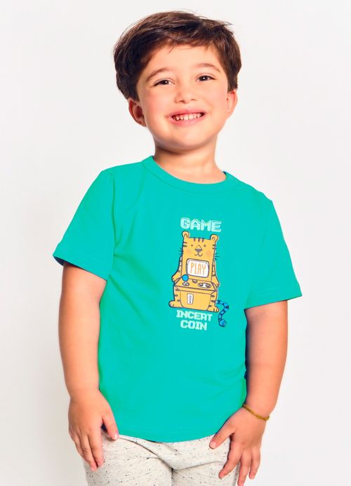 Conjunto Infantil Menino Camiseta + Bermuda Estampa Tigrinho Gamer - Tam. 2 a 12 anos –  Verde e Cru