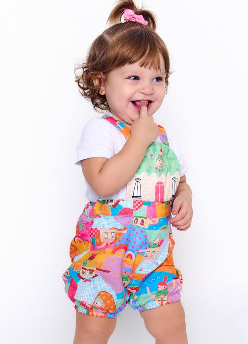 Macacão Infantil Bebê Menina Estampa Vizinhança Divertida – Tam. 3 a 18 meses – Azul e Rosa