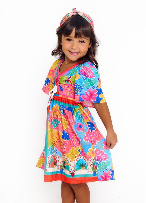 Vestido Infantil Estampa As Cores do Verão - Tam. 2 a 12 anos - Rosa e Azul