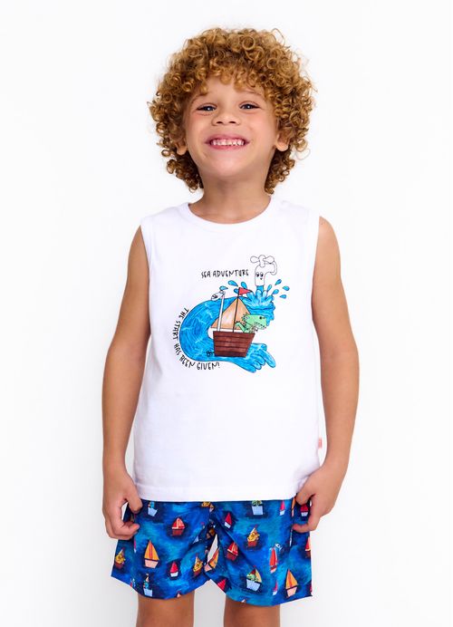 Conjunto Infantil Menino Regata + Short Estampa Barquinhos - Tam. 2 a 12 anos - Branco e Azul