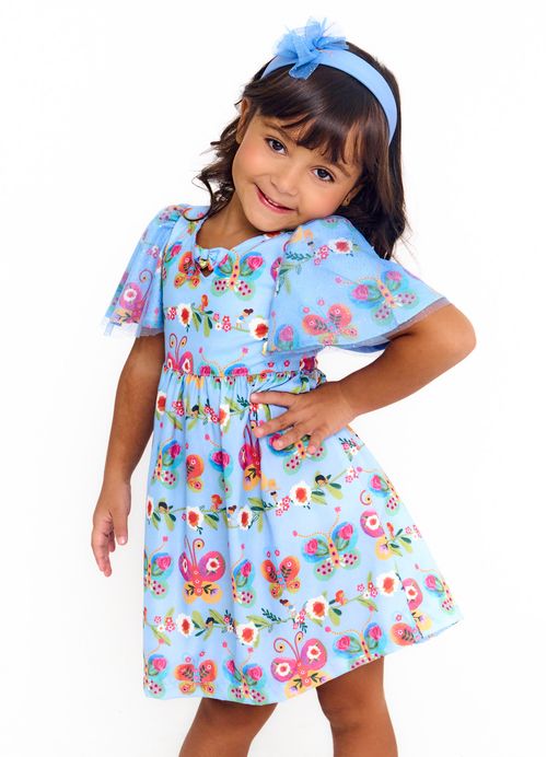 Vestido Infantil  Estampa Borbojardim - Tam. 2 a 12 anos - Azul