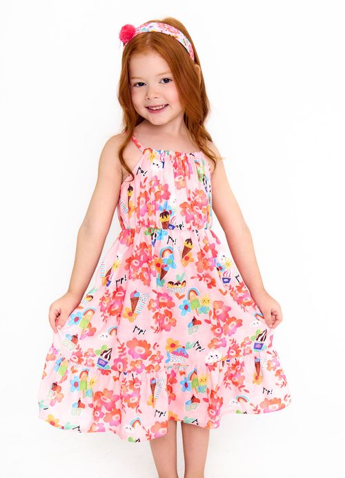 Vestido Infantil Estampa Floral Pop - Tam. 2 a 12 anos - Rosa