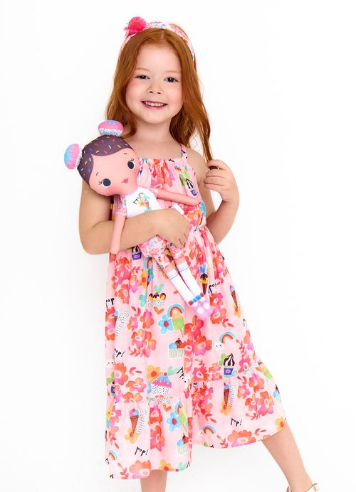 Almofada Boneca Infantil Estampa Floral Pop - Tam. U - Branco e Rosa