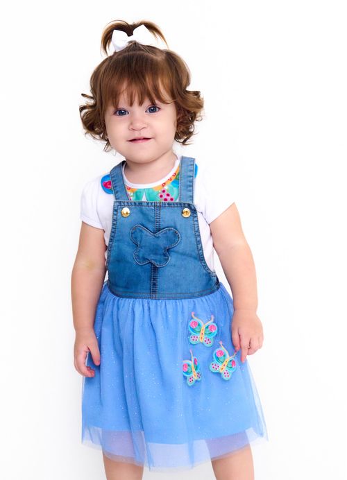 Salopete Infantil Bebê Menina Estampa Borbojardim - Tam. 3 a 18 meses - Jeans
