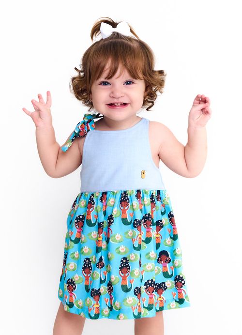 Conjunto Infantil Bebê Vestido e Calcinha Estampa A Vida Secreta das Sereias - 3 a 18 meses - Azul