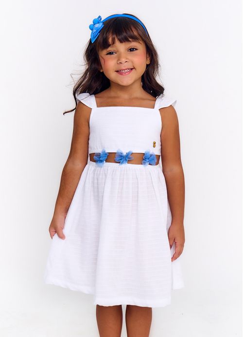 Vestido Infantil  Estampa Borboblue - Tam. 2 a 12 anos - Branco