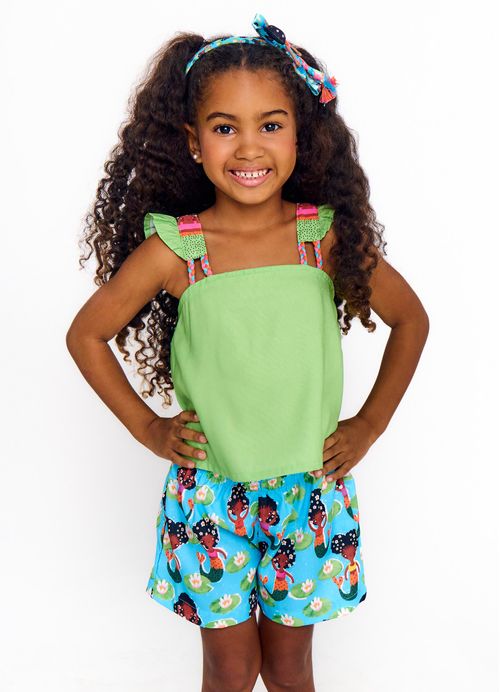Conjunto Infantil Menina Bata + Short Estampa A Vida Secreta das Sereias - Tam. 2 a 12 anos - Verde e Azul