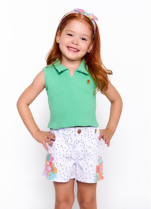 Short Infantil Menina Estampa Fofossauras de Férias - Tam. 2 a 12 anos - Branco