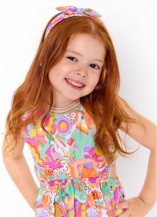 Arco Infantil para Cabelo Estampa Fofossauras de Férias - Tam. U - Rosa