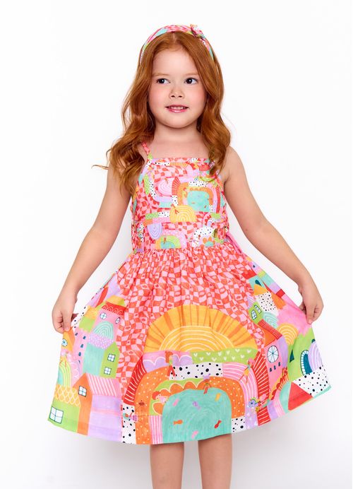 Vestido Infantil Estampa Cidade Encantada - Tam. 2 a 12 anos - Rosa e Laranja