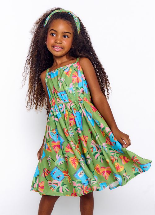 Vestido Infantil Estampa Dia de Férias - Tam. 2 a 12 anos - Verde