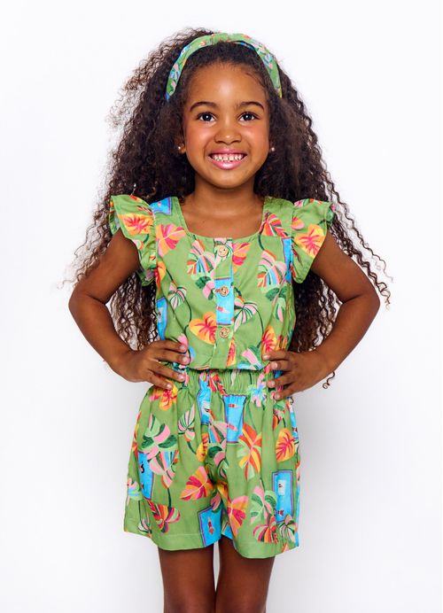 Conjunto Infantil Menina Bata + Short Estampa Dia de Férias - Tam. 2 a 12 anos - Verde