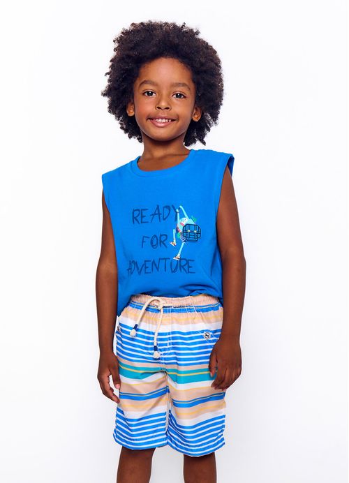 Bermuda Infantil Menino Estampa Aventura Monstruosa - Tam. 2 a 12 anos - Off White e Azul