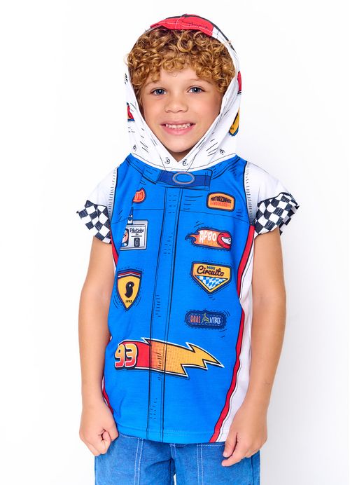 Regata Infantil Menino Estampa Carnaval Piloto de Corrida - Tam. 2 a 12 anos - Branco e Royal