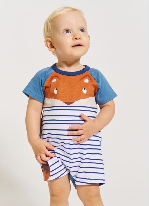 Pimpão Bebê Menino Estampa Senhor Raposo – Tam. 3 a 18 meses – Branco e Azul Denim
