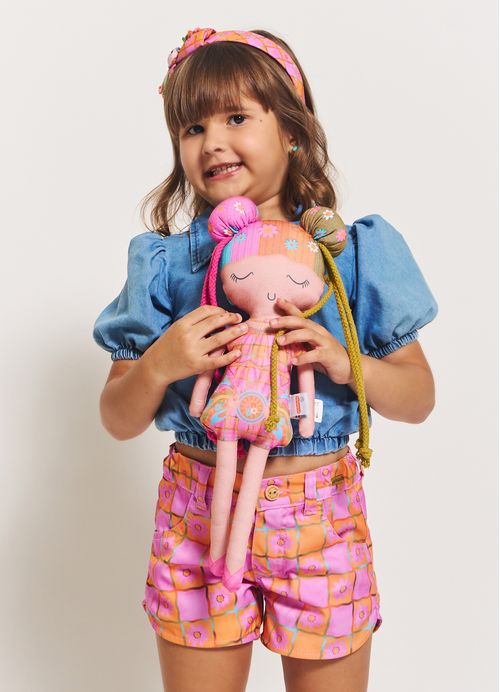 Almofada Boneca Infantil Power Flower – Tam. U – Rosa e Laranja
