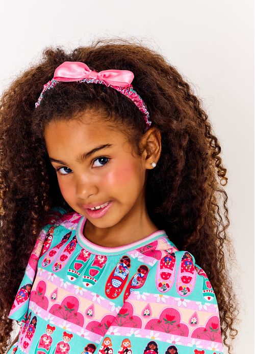 Arco Infantil para Cabelo Estampa Sapatinhos de Boneca - Tam. U - Rosa Forte