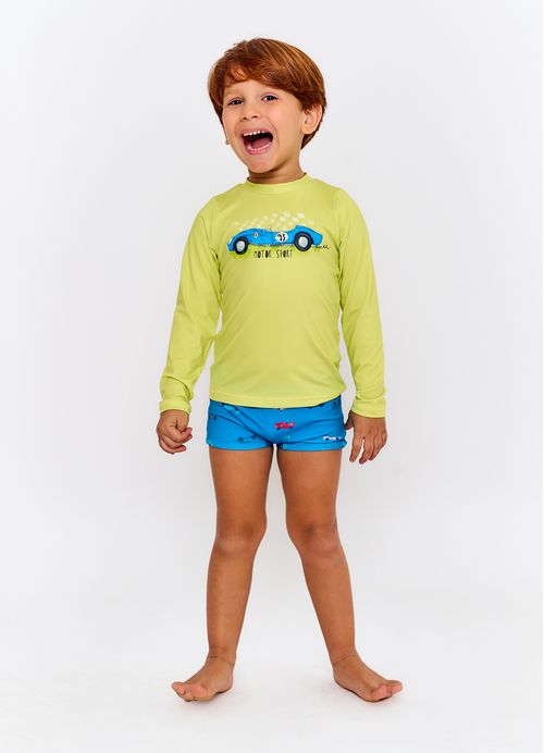 Blusa UV Infantil Menino Estampa Corrida Radical - Tam. 2 a 12 anos - Lima e Azul