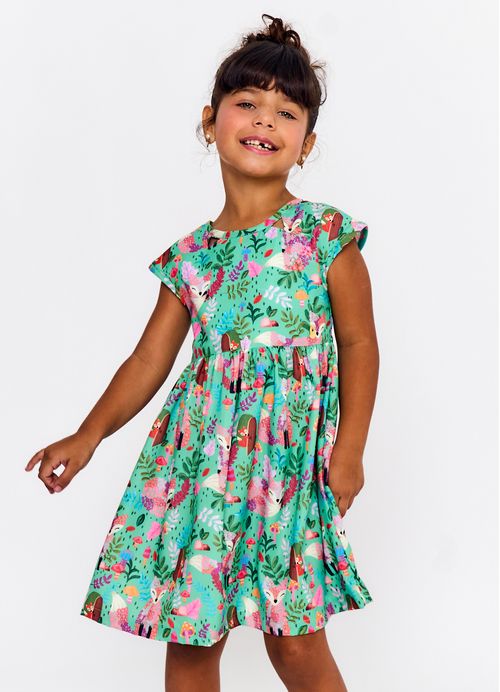Vestido Infantil Estampa Floresta Mágica - Tam. 2 a 12 anos - Verde