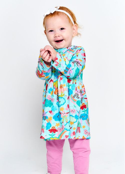 Conjunto Infantil Bebê Menina Vestido + Legging Estampa Andando nas Nuvens - Tam. 2 a 12 anos - Azul e Lavanda