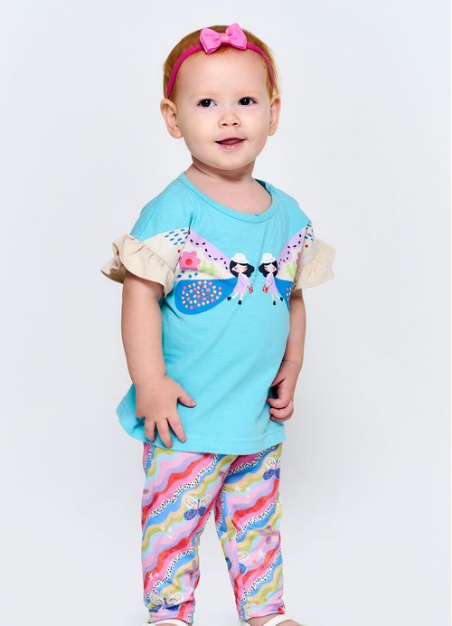 Conjunto Infantil Menina Blusa + Legging Estampa Nas Alturas - Tam. 3 a 18 meses - Azul e Rosa