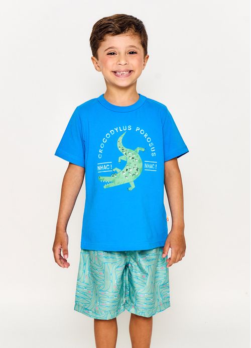 Conjunto Infantil Menino Camiseta + Bermuda Estampa Crocodylus - Tam. 2 a 12 anos - Azul e Verde