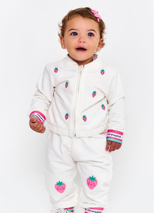 Calça Infantil Bebê Menina Estampa Doce de Moranguinho - Tam. 3 a 18 meses - Off White