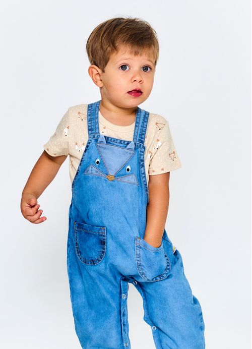 Jardineira Infantil Bebê Estampa jogo Animal - Tam. 3 a 18 meses - Jeans